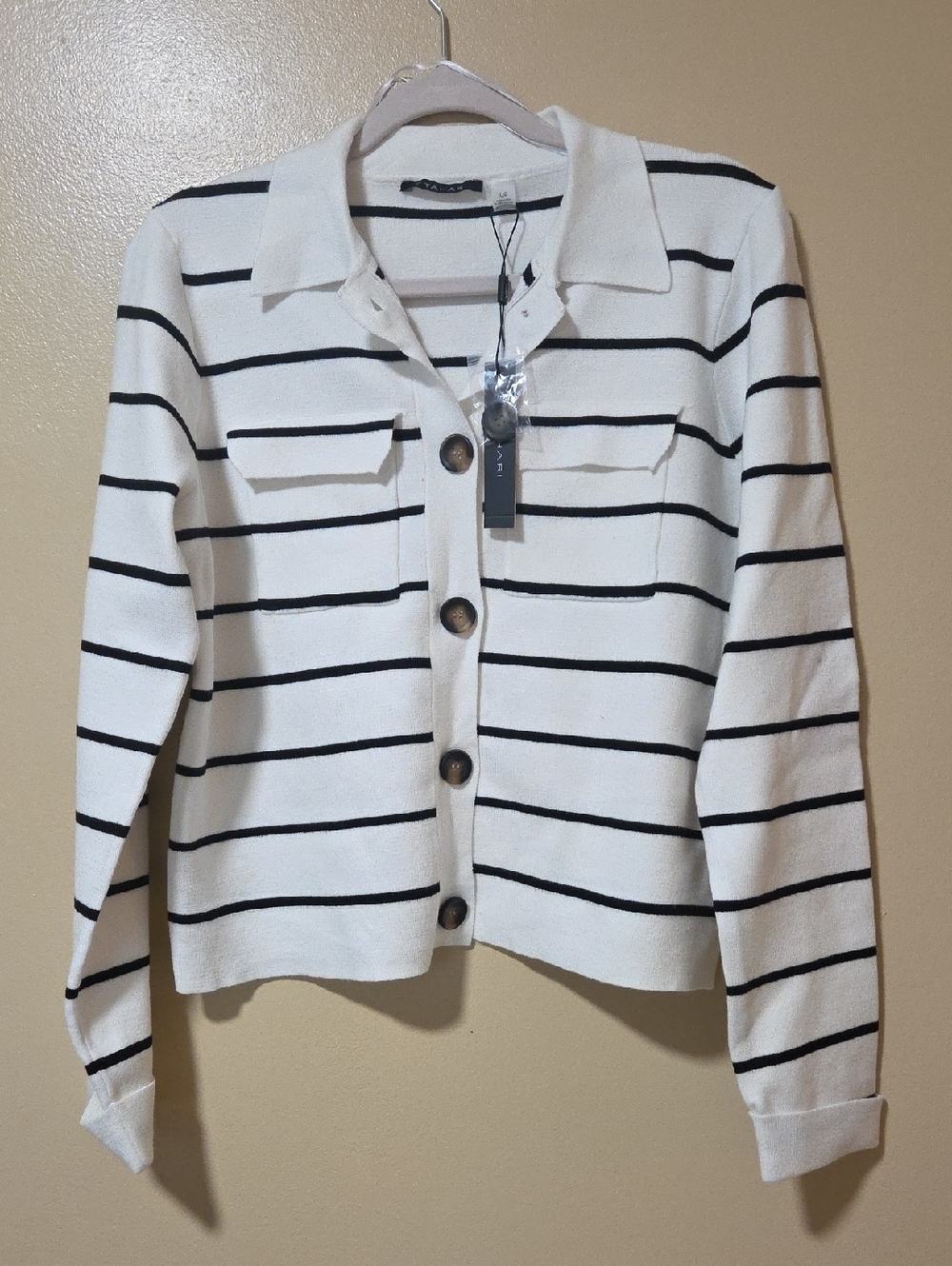 Tahari White and Black Striped Button-Front Cardigan